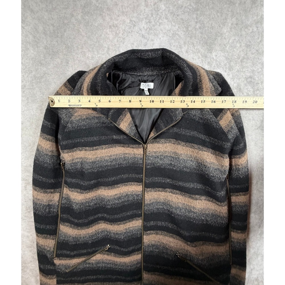 Tobi Womens Medium Poncho Coat Wool Blend Black Tan Gray Striped Full Zip Lined - Picture 10 of 10